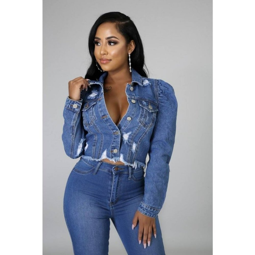 Denim puff sleeve cropped jacket XL